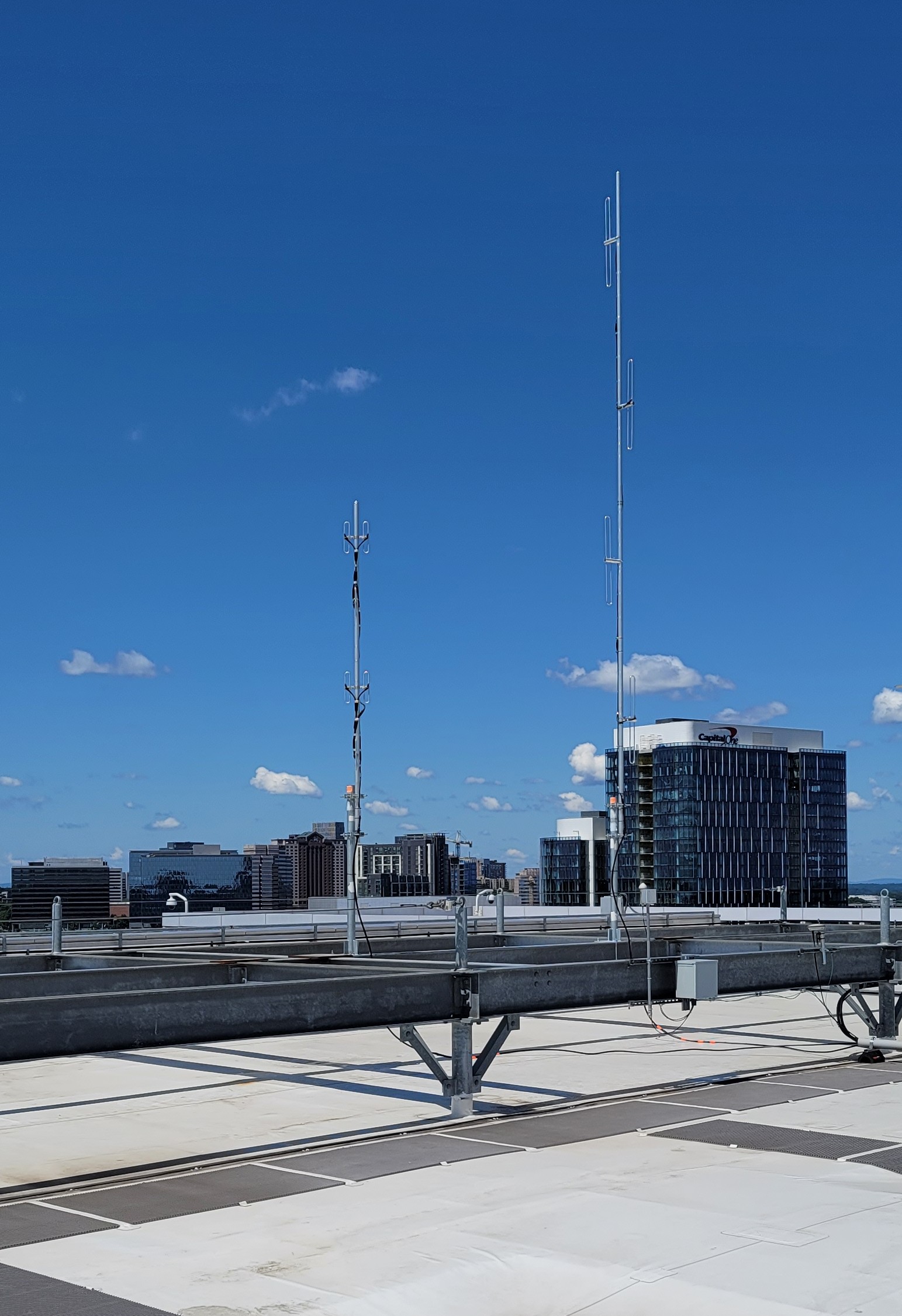 Initial antenna install for K4HTA at the MITRE building. The taller colinear antenna is K4HTA and the smaller one is for N9KET. Both the K4HTA and K4XY repeaters were upgraded about a year ago with the exact same systems. Both sites use a Raspberry Pi4 running Allstar software as the repeater controller. Since both repeaters are Allstar nodes, we can link them easily via the internet. We also use the Allstar software for remote receivers we are testing which allows easy linking to K4HTA. Additionally the K4HTA controller is set up to afford Echolink access. Both repeaters are configured to allow remote access via the controllers.