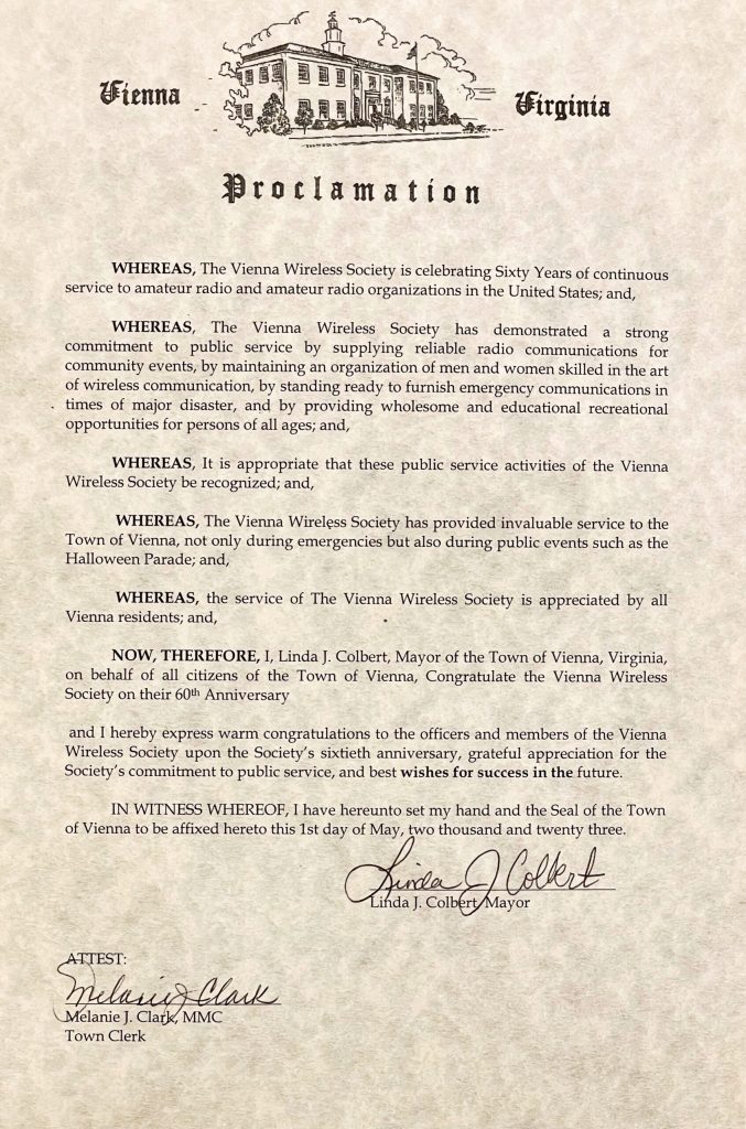 Town of Vienna Proclamation of 60 years of VWS